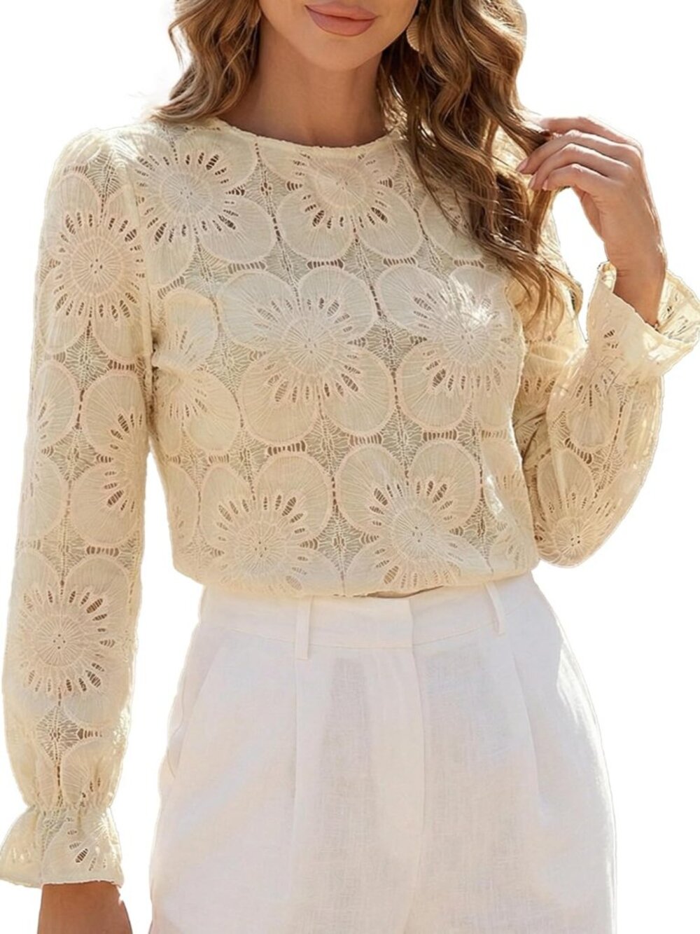 Women's Lace Eyelet Puff Sleeve Blouse